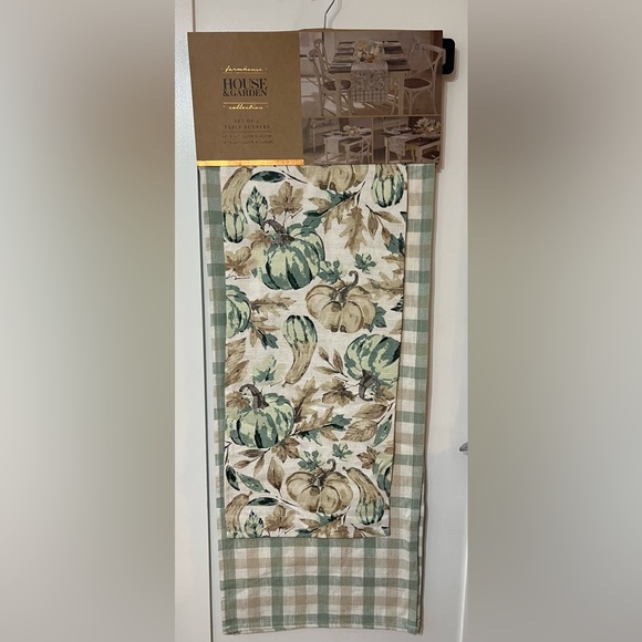 NWT Table Runner Set Fall Farmhouse Collection 2 Harvest Plaid Pumpkins Gourds - Picture 1 of 8